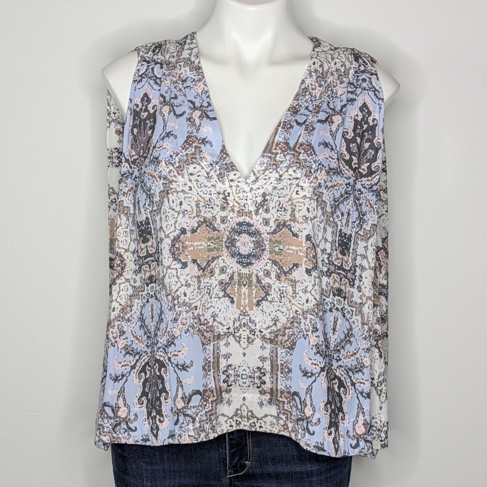 Free People Darcy Blue Tan Kaleidoscope Sleeveless V Neck Blouse S